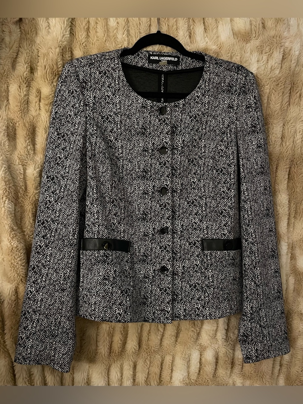 Karl Lagerfeld Paris Black/White Herringbone-print Jacket w Faux Leather Trim 14